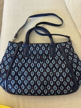 Vera Bradley Navy Teardrop Pattern Tote with Red & White Accents